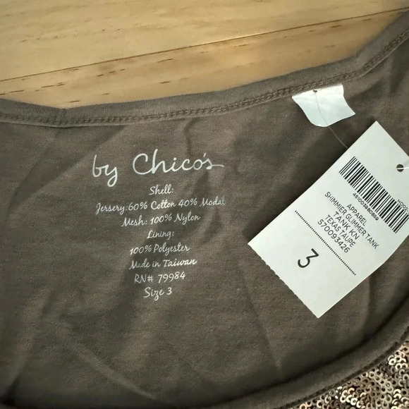 Chico’s Shimmer Glimmer Tank Taupe round neck size 3 - Picture 4 of 8